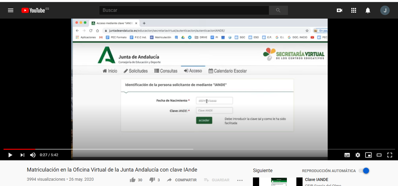 Matrícula en la Oficina Virtual de la Junta de Andalucía con la clave iANDE
